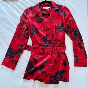 Zara Red Silk Blazer with Belt, Size Small